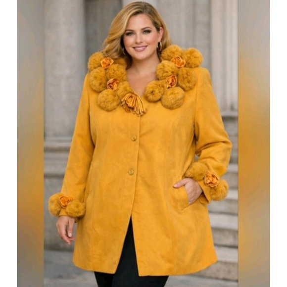 Studio C Jackets & Blazers - Vintage 70's Statement Coat,Studio C Collection 24W Mustard Faux Fur Pom Pom